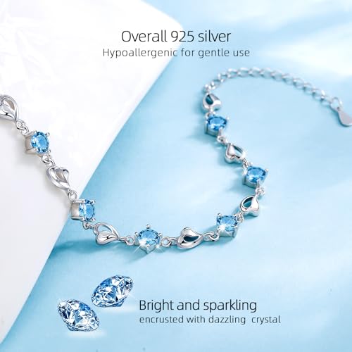 Image of Qlady Heart Link Bracelet for Women, Sterling Silver with Blue Crystal, Adjustable Chain Bracelet, Gift for Valentine's Day & Everyday