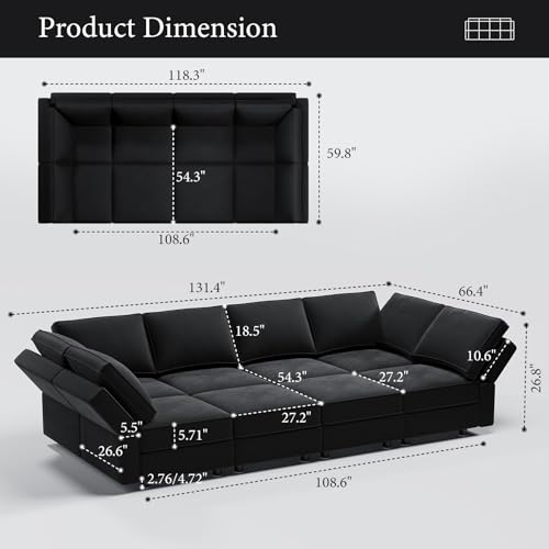 Vesgantti 118" 8 Seats Modular Sectional Sleeper Sofa with Storage, Black - image 2