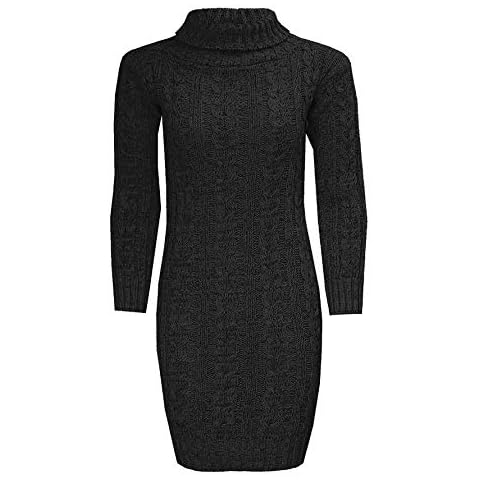 Hina Fashion Womens Polo Turtle Neck Cable Knitted Bodycon Dress Ladies Winter Wear Long Sleeve Jumper Dress Black UK 24-26 Cover
