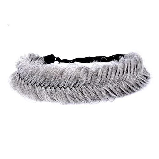 DIGUAN Wide Fishtail 2 Strands Synthetic Hair Braided Headband Classic Chunky Plaited Braids Elastic Stretch Hairpiece Women Girl Beauty accessory,59g Bohemian (Salt and Pepper)