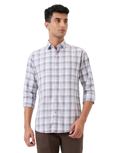 Image of Raymond Men Slim Fit Checks Pattern Pure Cotton Regular Collar Full Sleeve Casual Shirt Grey