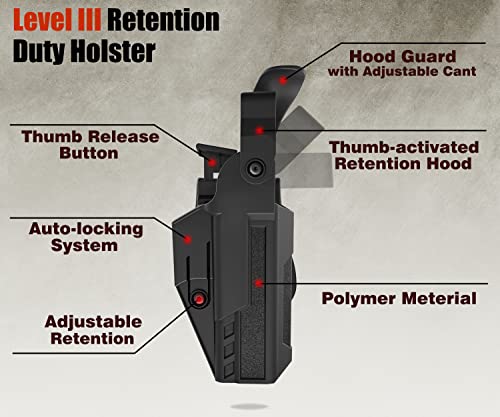 G19 Level 3 Retention Duty Holster For Glock 19/17 Gen 1 2 3 4 5, Glock 23/32 Gen 1 2 3 4, Glock 45/44/19X, Law Enforcement Duty Holster, Adjustable Retention/Cant Duty Belt Gun Holster - Right Handed #TOP6