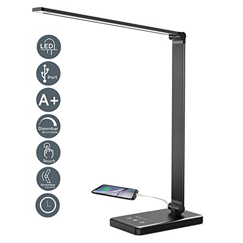 Lacmisc Lampe de bureau LED 6 W pour bureau 5 couleurs et 10 niveaux de luminosité variables Fonction mémoire tactile, Lampe de Chevet à Commande Tactile pour Travail Lecture(Noir)