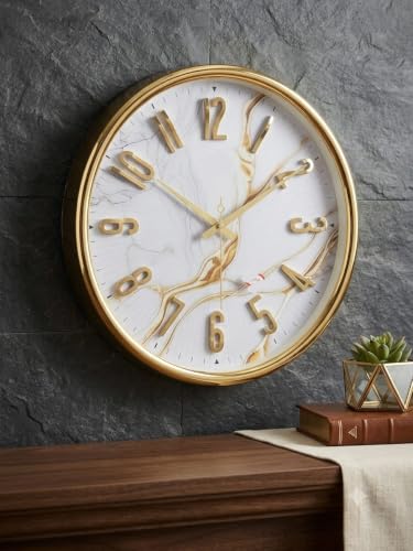 Image of Designer Wall Clock 13.5 Inch for Living Room Stylish Gear Design Seconds Needle (White Marble)