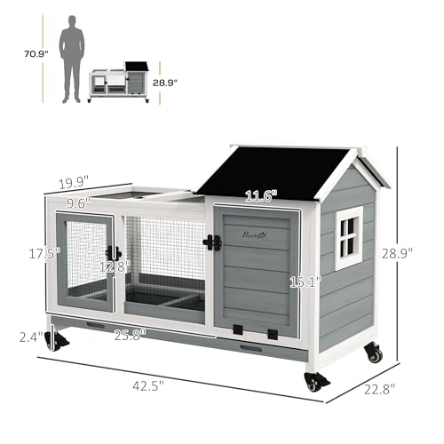 Pawhut USD51-352V00GY0131 Indoor Outdoor Wooden Rabbit Hutch With Wheels, Large Bunny Hutch With Run & Slide-Out Tray For Small Animals thumb #4
