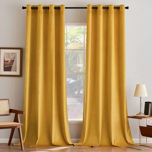 MIULEE Cortinas Terciopelo Amarillo Mostaza Salon Modernas 2 Piezas, Cortinas de Terciopelo Suave Semiopacas con Ojales, Cortina Termicas Aislantes Frio Anti Luz Invierno Ventana Cortina Dormitorio
