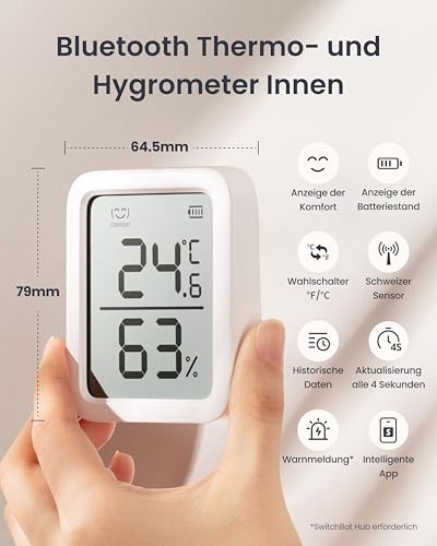 SwitchBot Thermometer Hygrometer Innen, Bluetooth Hygrometer Digital Temperatur Feuchtigkeit Sensor mit APP & Datenspeicherung, Taupunkt/VPD/Absolute Feuchtigkeitssensor