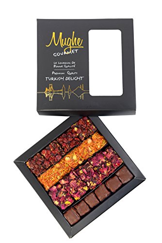 Mughe Gourmet Luxury Turkish Delight Assorted 360g/13Oz- 4 Varieties: Dark Chocolate, Rose, Saffron, Zereshk with Pomegranate Flavor - Prestigious Lokum Gift Box - Perfect for Special Days - Image 2