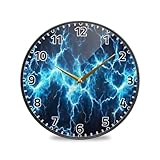 WELLDAY Wall Clock Non Ticking 12 Inch - Blue Electric Sparks Battery Operated Quartz Silent Round Clock for Home/Office/Kitchen/Classroom