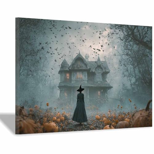 Toile de maison hantée Halloween vintage tableau noir encadré décoration murale mystique