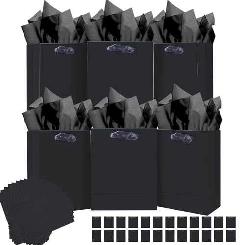 qiqee 24pcs Black Gift Bags with Tissue Paper for Wedding Birthday Party Supplies-7.9x4.3x9.6 Medium Size Cardboard Gift Bags24pcs Bags + Tissue Paper