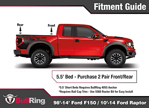 Bull Ring Ford Shorty Low Profile Retractable Truck Bed Tie Down Anchors Compatible With '98-14 Ford F150 With 5.5′ Bed, 10-14 Ford Raptor With Router Bit (1 Pair) #TOP1