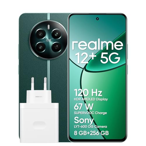 realme 12+ 5G Smartphone 8+256 GB con NFC, Cámara de Retrato Sony LYT-600 OIS, Pantalla AMOLED de 120 Hz, Smart Touch a Prueba de Lluvia, Carga SUPERVOOC de 67 W, Pioneer Green T (con Adaptador)