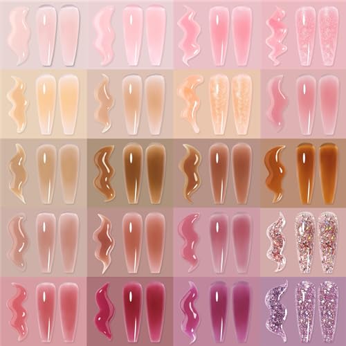 UR SUGAR 20 Colors Gel Extension Nail Set, Jelly Pink Nude Pink Purple Brown Tone Glitter Extension Nail Gel Set for Fall Winter Bulk Bundle Long Lasting Soak Off Gift Box for Women