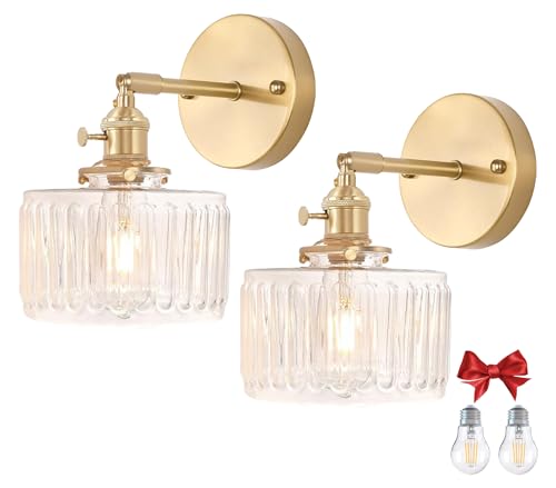 Image of Bravsekai 2 Pack Vintage Wall Sconces, Striped Glass Shade Wall Lamp with 2 Natural Light Bulbs, Hardwired Design with Rotary Switch, Decorative Light for Bedroom Hallway Living Room