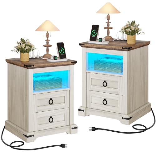 YITAHOME Farmhouse Nightstand with Charging Station, 2 Drawers Night Stand for Bedroom, LED End Table Side Table w/Open Shelf, Set of 2, Off White+Walnut Grain 2 Drawer Side Table Set Of 2