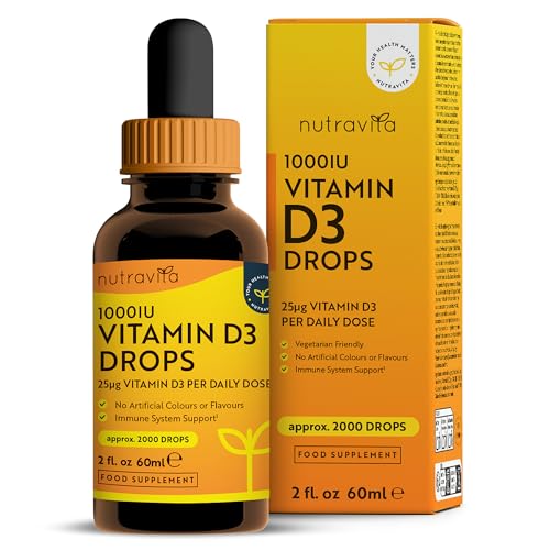Nutravita Vitamina D3 Gotas 1000UI - Dosis Alta de Colecalciferol Vegetariano - Liquida Vitamina D - 60 ml con 2.000 Gotas a 1.000 UI por Gota - Suministro Más de 1 Año - Sin Aditivos