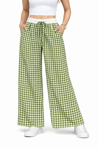 Image of Women's Cotton Wide Leg Palazzo Pants | Gingham Check Pattern with Drawstring | Elastic Waist | Casual Lounge Wear |