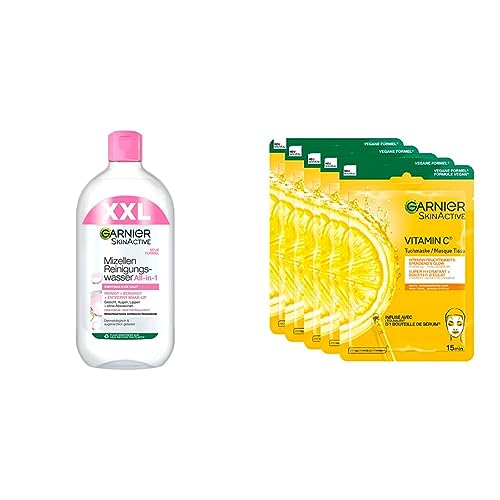 Garnier Mizellen Reinigungswasser, Für eine sanfte Reinigung und schonendes Abschminken & Feuchtigkeitsspendende Tuchmasken für sensible Haut