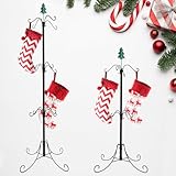 Bvomheez Freestanding Christmas Stocking Holder Tree, Max 62' Height Stand with 12 Hooks, Height Adjustable Metal Hanger with Green Iron Christmas Tree Top