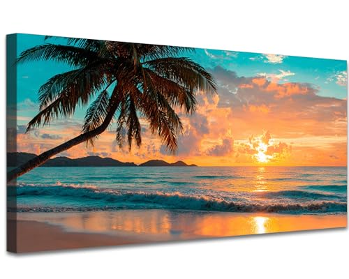 TIHUSAGO Beach Sunset Canvas Wall Art, Coastal Landscape Palm Tree