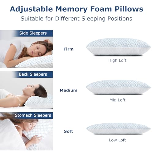 Image of mislili Cooling Pillows Queen Size Set of 2, Adjustable Firm Shredded Memory Foam Queen Pillow, Queen Size Pillows for Stomach Back Side Sleepers, Washable Cover, with Extra Fill