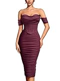 CurvySweet Women's Off The Shoulder Midi Dress Built-in Bra Ruched Corset Bodycon Sexy Elegant Holiday Cocktail Party Dresses Burgundy