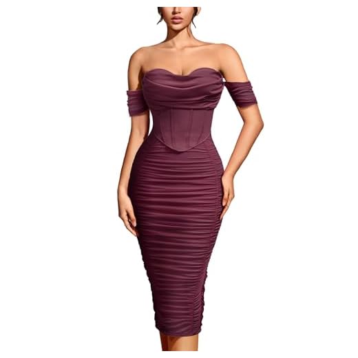 CurvySweet Women's Off The Shoulder Cocktail Midi Dress Built-in Bra Ruched Bodycon Corset Fall Homecoming Wedding Guest Burgundy