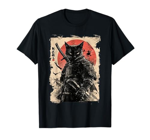 Vintage Japanese Art Anime Graphic Samurai cat Warrior T-Shirt