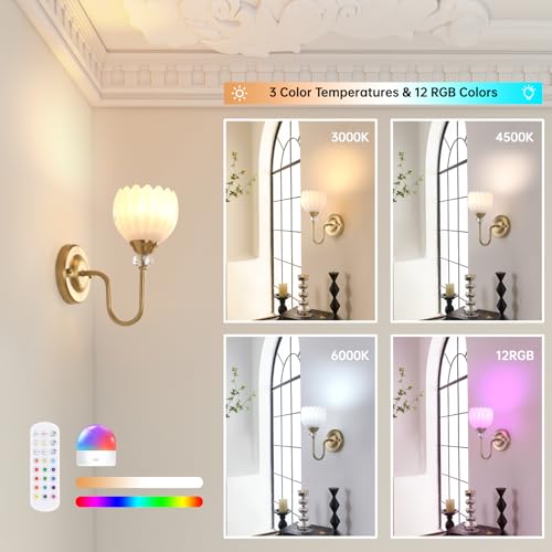 Image of Set of 2 Vintage Battery Operated Wall Sconce, Rechargeable Wall Lamp with 5000mAh Battery & Remote Control, Dimmable Wall Lights with tulip shade for Bedroom Bathroom Living Room, (Tulip White Up)