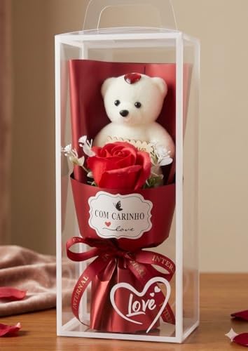 Kit Presente com Ursinho de Pelúcia Branco e Rosa Artificial Vermelha