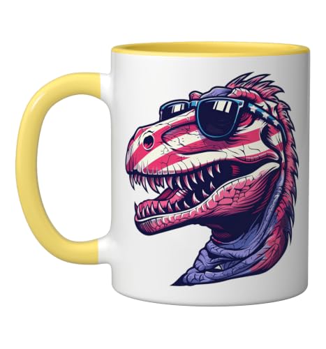 Yutyrannus with USA Sunglasses Ceramic Mug, Yellow/White, 11oz