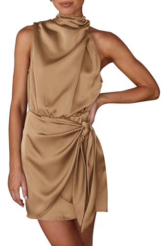 PRETTYGARDEN Women's Short Formal Satin Dress Summer Sleeveless Mock Neck