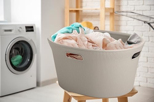 Image of Superio Ribbed Collection - Decorative Plastic Laundry Basket with Cut-Out Handles, Taupe (1 Pack) Hamper Organzier for Bedroom Bathroom College Dorm Room 35 Liter