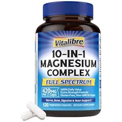 Vitalibre 10 in 1 Magnesium Complex, 420mg Elemental Magnesium 120 Capsules | Ultra Strength, Max Absorption | Chelated Magnesium Supplement for Women Men Nerves, Bone & Heart Health | Non-GMO