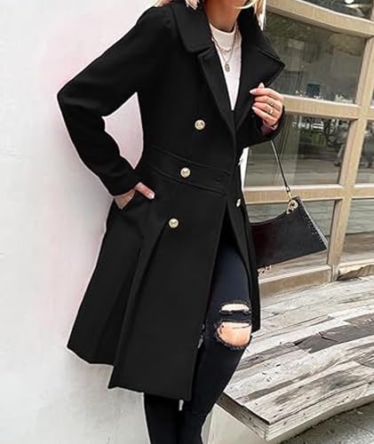 Image of Sexyshine Women's Double Breasted Trench Coat Notch Lapel A-Line Slim Flared Pleated Wool Blend Pea Coat with Pockets