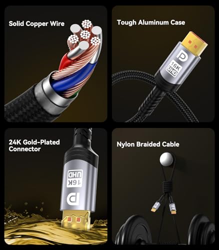 Image of Sniokco 80Gbps DisplayPort Cable 2.1 10FT, 16K DP Cable 16K@60Hz 8K@240Hz 4K@540Hz 360Hz 240Hz Compatible with HDR HDCP 2.3 DSC FreeSync G-Sync Monitor Graphics RTX 5090 4090 PC HDTV