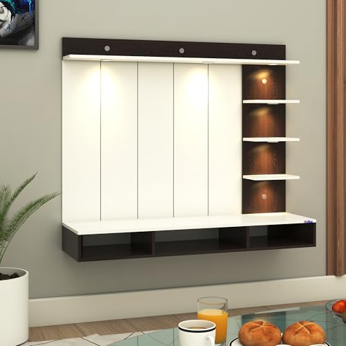 Image of Anikaa Tyron Engineered Wood Wall-Mount TV Unit with PVC Back Panel & LED Lights | TV Cabinet with Storage Box & Decorative Shelves (Wenge /White) | Ideal for TVs up to 55 Inch | DIY Installation