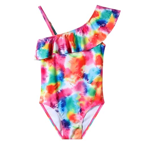 Girls Swimsuit Quick Dry One Piece Bathing Suit Tie Dye Rainbow Striped Kids Swimwear for 5-12 Years