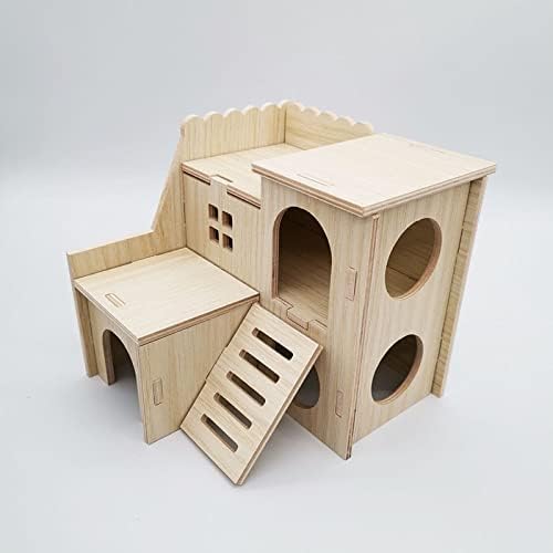 Hamster House, Small Animal Hideout, Wood Hut, Play Toy for Rat, Rodent, Guinea Pig, Easy Assembly (Two-Story with Patio)