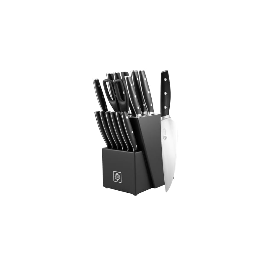 MasterChef Kitchen Knife Set with Block and Sharpener Plus Scissors, 15pc Chef Knife Set of Professional Grade Kitchen Knives with Sharpened High Carbon Stainless Steel Blades & Triple Riveted Handles