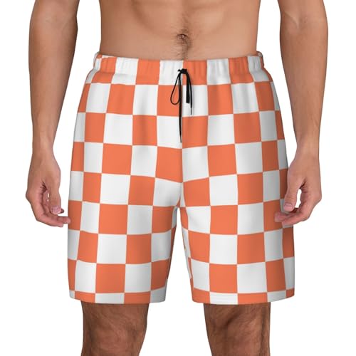 White Orange Squares Checkerboard Funny Men's Swim Trunks Board Shorts Quick Dry-