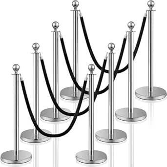 Ferraycle 8 Pcs Crowd Control Stanchions and Velvet Ropes, 5 ft Poles, Silver with Black Ropes