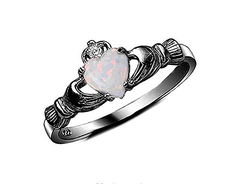 Black Tone, Lab Created White Opal Size-6 Claddagh Accent Wedding Ring Heart Shape Round Simulated Cubic Zirconia 925 Sterling Silver #TOP3