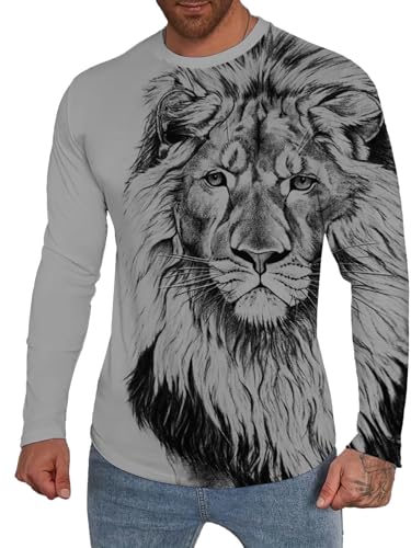 Men's Long Sleeve Basic Top Fashion Lion Pattern Round Neck T Shirt Round Neck Red
