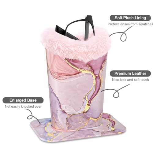 Image of Eyeglasses Holder, Plush Lined PU Leather Pattern Stand Case with Magnetic Base, Unisex for Women Men, Pink Marble