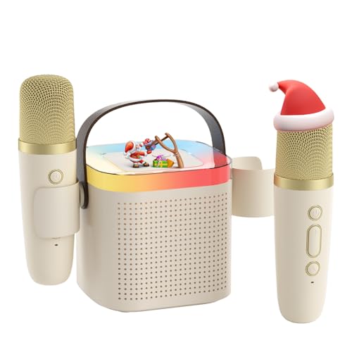 Karaoke Machine 2 Microphones, Portable Bluetooth Karaoke Speaker Microphone Set with Voice Change & Led Light, Birthday Children's Day Gift for 3-12 Years Kids Boys Girls Adults(Milky White)