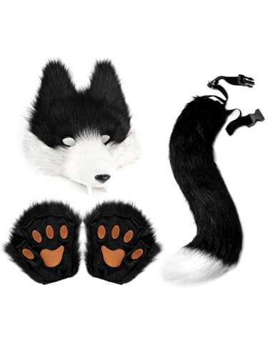QinRuan Therian Mask and Tail Set, 3-Piece Faux Fur Fox Wolf Cosplay Costume with Paw Gloves for Adults
