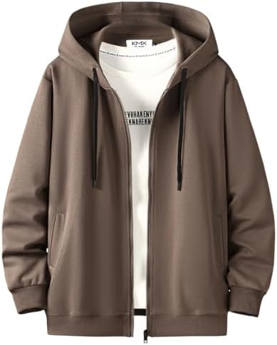 Kananimo Men's Hoodie, Long Sleeve, Autumn/Winter Clothing, Zip, Sweatshirt, Loose, Large Sizes, Casual, Solid Color, Hooded, Sweatshirt, Multiple Colors Available, Khaki, L