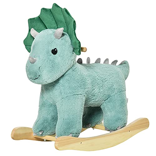Qaba Kids Plush Ride-On Rocking Horse Triceratops-Shaped Plush Toy Rocker with Realistic Sounds for Child 36-72 Months Dark Green